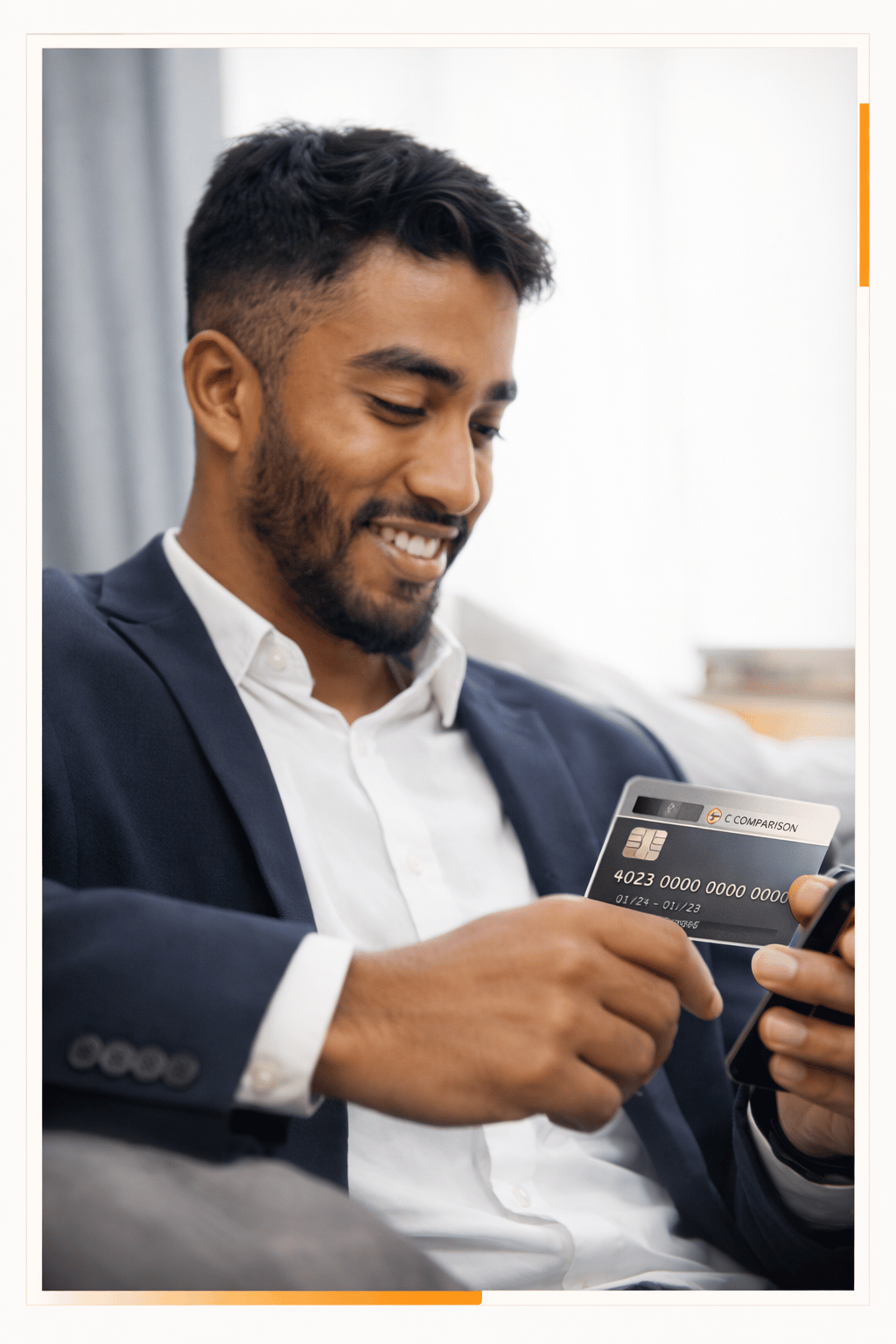 Person using phone and card in a casual setting